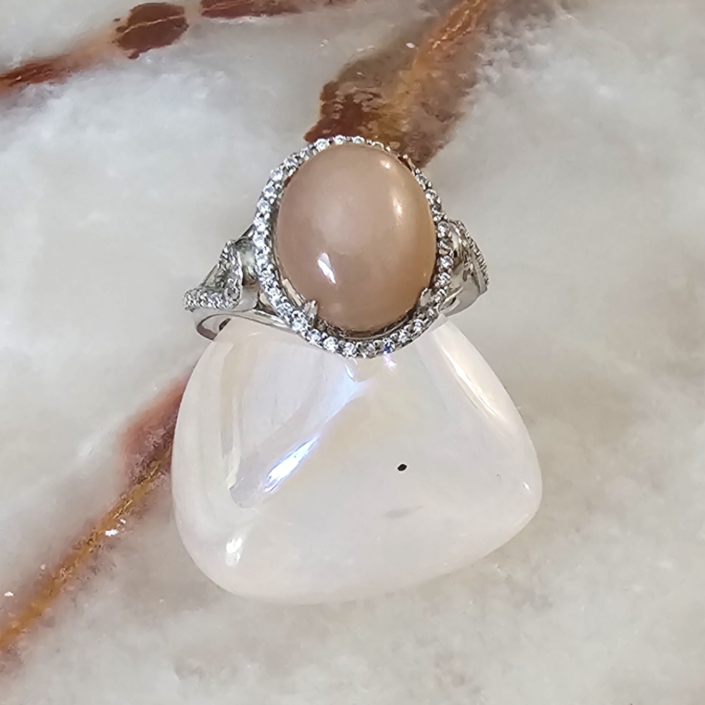 925 Sterling Silver Peach Moonstone Ring with CZ Halo and Swirls Size 6.5